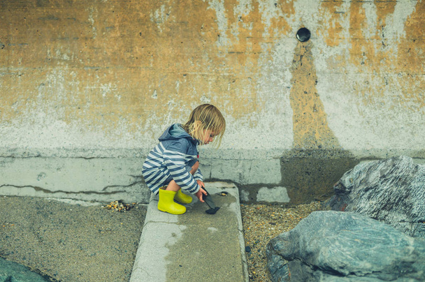 Un niño pequeño está corriendo y jugando en una playa rocosa bajo la lluvia
 - Foto, imagen