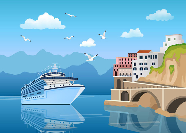 Пейзаж с большим круизным лайнером вблизи побережья со зданиями и домами, туризм
 - Вектор,изображение