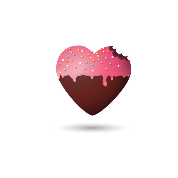 Sweet pink glazed and icing heart with bite. Yummy delicious love. 3d effect. Vector logo design template - Vector, Image