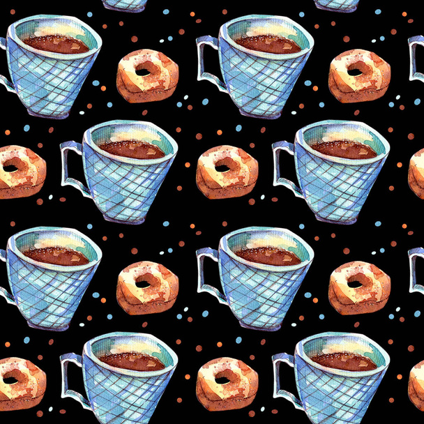 Seamless pattern with coffee mug and donut. - Photo, Image