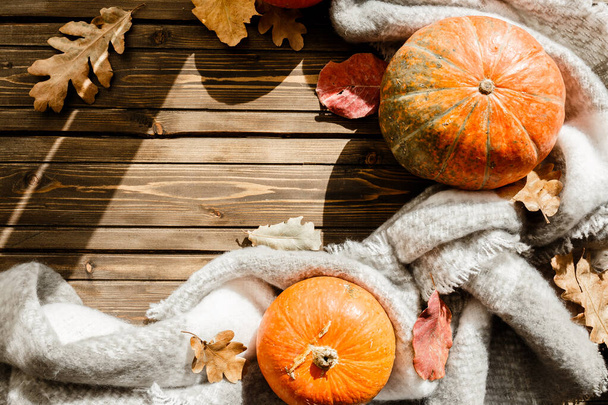 autumn background with pumpkins and colored leaves on wooden board - Foto, imagen