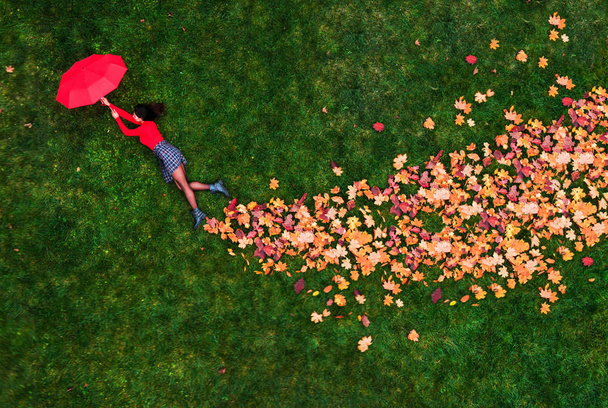 Podzimní náladu. Krásná mladá žena na podzim trávy a žlutých listů. Sezónní podzimní móda. Kreativní obraz shora. - Fotografie, Obrázek