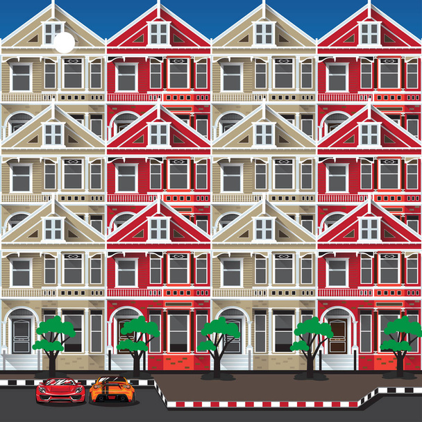 vector buildings illustrations in front view with green trees in - Vector, Image