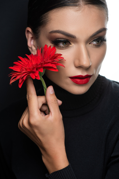 hermosa mujer con labios rojos sosteniendo gerberas rojas aisladas en blanco y negro
 - Foto, imagen