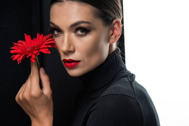 beautiful woman with red lips holding red gerbera isolated on white and black - Foto, afbeelding