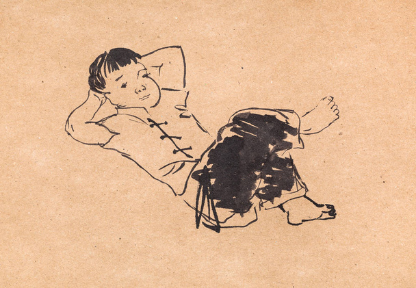 lying chinese boy hand drawn in sumi-e style - Photo, Image