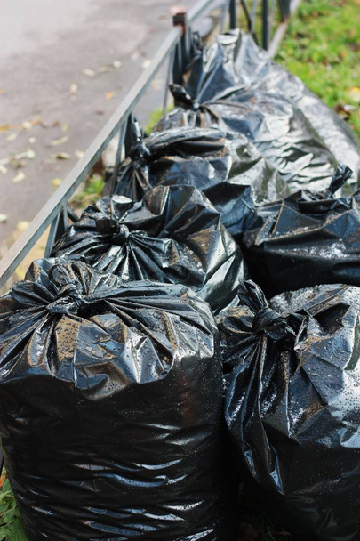 Μαύρες σακούλες σκουπιδιών με φθινοπωρινά φύλλα στο δρόμο  - Φωτογραφία, εικόνα