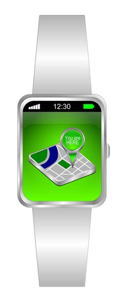 Smartwatch mit grünem Kartenzeiger auf grünem Desktop - 3D-Abbildung - Foto, Bild
