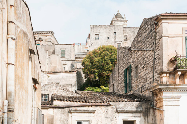 green tree near old buildings in modica, Italy  - Photo, image