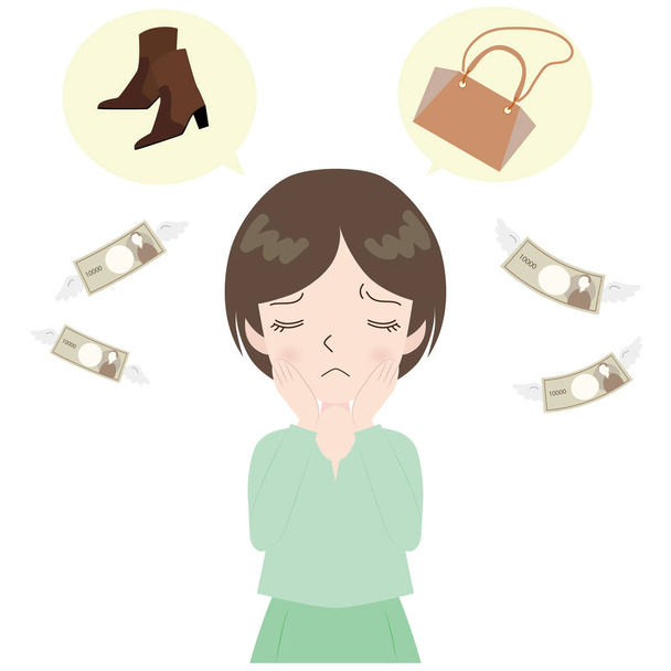 Illustration of a woman worried about splinters thinking of shoes and bags. - Vector, Image