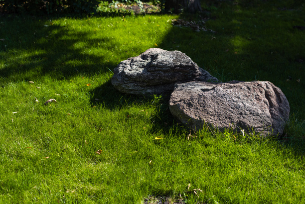 Two stones with sunlight on green grass of lawn  - Photo, Image