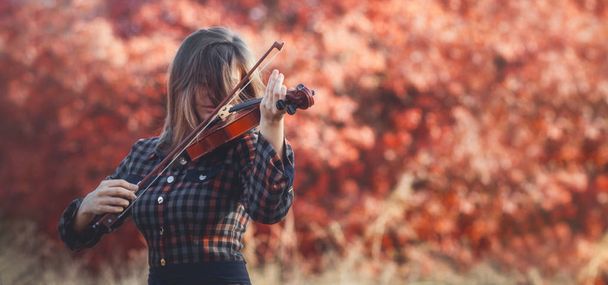 beautiful young woman playing violin on a background of red foliage, romantic girl in dress playing a musical instrument in nature, musical performance outdoors, concept of hobby and passion in art - 写真・画像