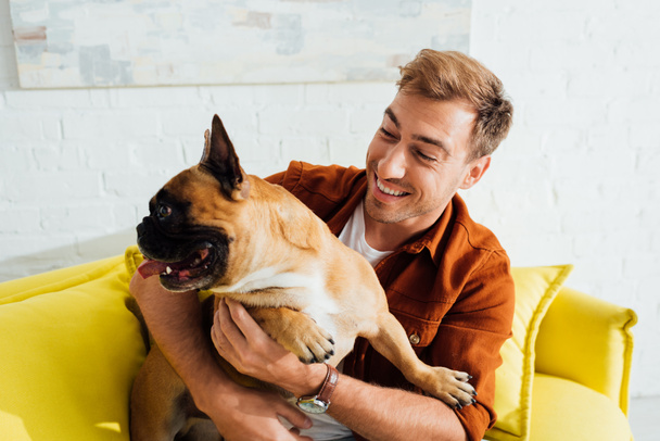 Smiling man hugging french bulldog on sofa - Fotoğraf, Görsel