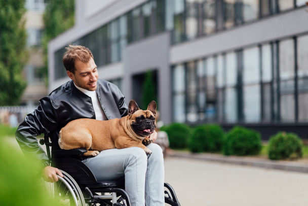 Smiling disabled man looking on french bulldog on urban street - Foto, afbeelding