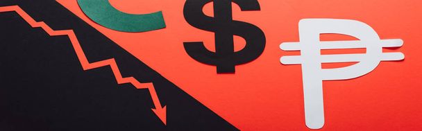 panoramic shot of dollar and peso symbols, and recession arrow on red and black background divided by sloping line - Photo, Image