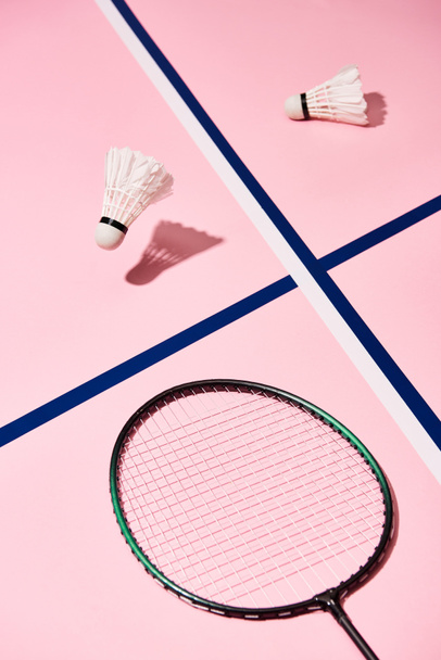 Badminton shuttlecocks e raquete em fundo rosa com linhas azuis
 - Foto, Imagem
