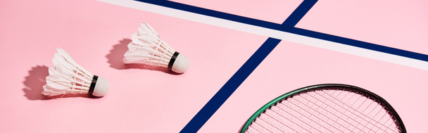 ütő tollaslabda és tollaslabda rózsaszín háttér kék vonalak, panoráma lövés - Fotó, kép