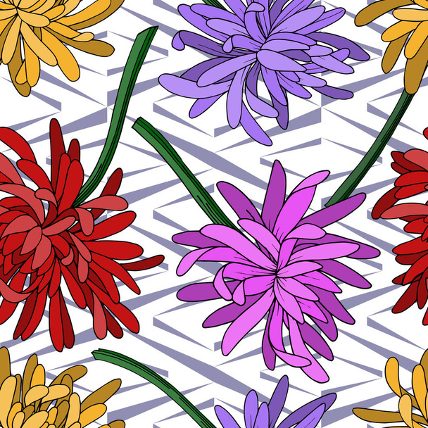 Vector Chrysant bloemen botanische bloem. Zwart-wit gegraveerde inktkunst. Naadloze achtergrond patroon. - Vector, afbeelding