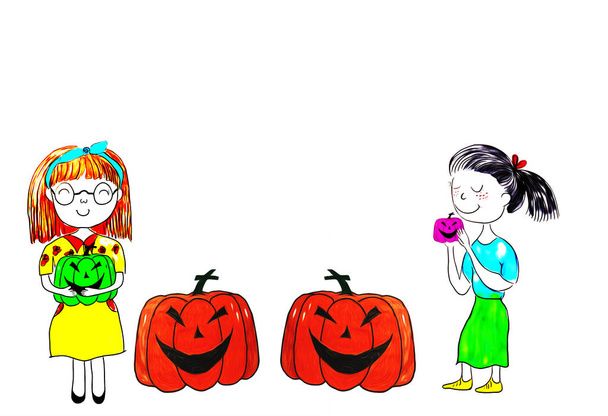 Dibujo de personajes de dibujos animados de mujeres con calabazas
 - Foto, Imagen