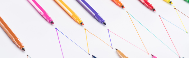 panoramic shot of colorful felt-tip pens on white background with connected drawn lines, connection and communication concept - Valokuva, kuva