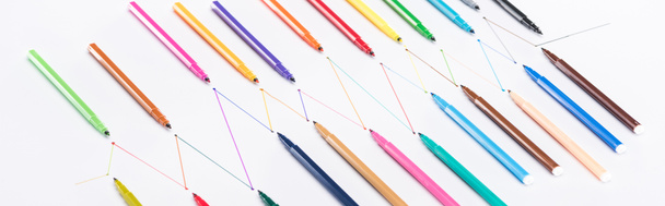 panoramic shot of felt-tip pens on white background with connected drawn lines, connection and communication concept - Valokuva, kuva