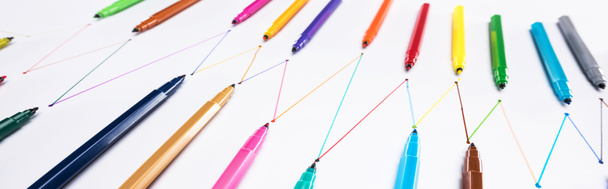 panoramic shot of felt-tip pens on white background with connected drawn lines, connection and communication concept - Foto, afbeelding