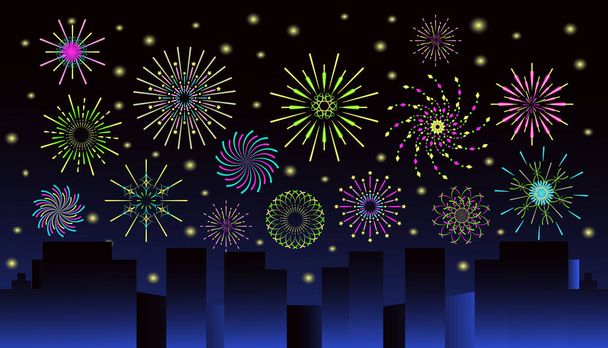 Fuochi d'artificio sopra grattacieli è mostrato. Carnevale pirotecnica si celebra in città
. - Vettoriali, immagini
