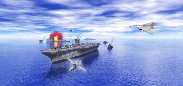 csatahajó, háború a tenger felett, 3d illusztráció - Fotó, kép