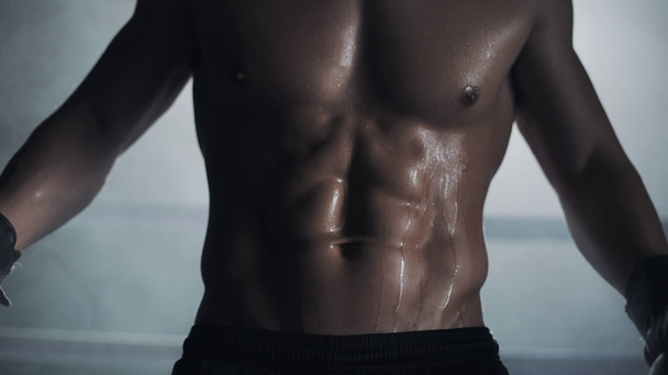 Ein männlicher Boxer zeigt eine Presse und Muskeln. Nahaufnahme. Boxring-Hintergrund. Nacktsportler posiert vor der Kamera. Silhouette. - Filmmaterial, Video