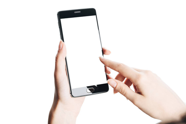 kéz megható okostelefon képernyőn izolált fehér - Fotó, kép