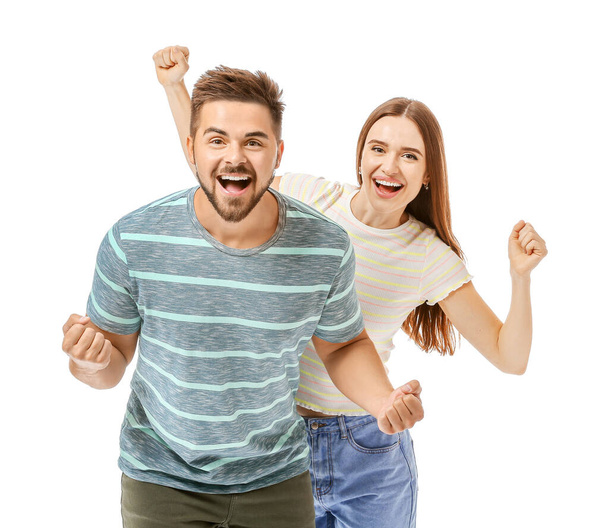 Портрет щасливої молодої пари на білому тлі
 - Фото, зображення