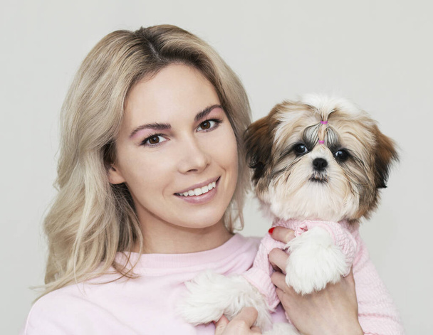beautiful cute girl holding a well groomed shih tzu puppy in a pink sweater - Zdjęcie, obraz