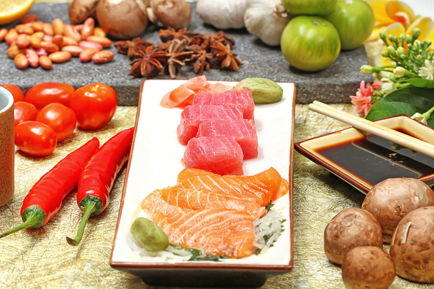 Japanese food: sashimi and sushi rolls - Fotografie, Obrázek