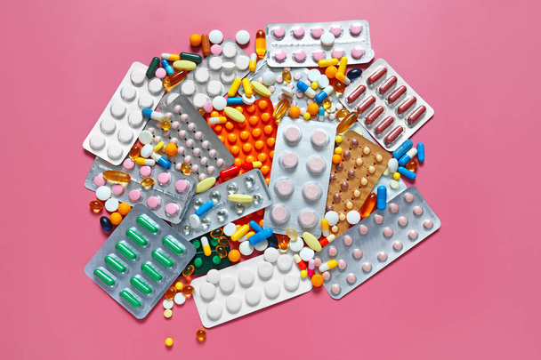 Many different pills on color background - Photo, Image