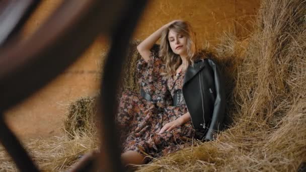 Flirty woman posing sensually on hay - Footage, Video