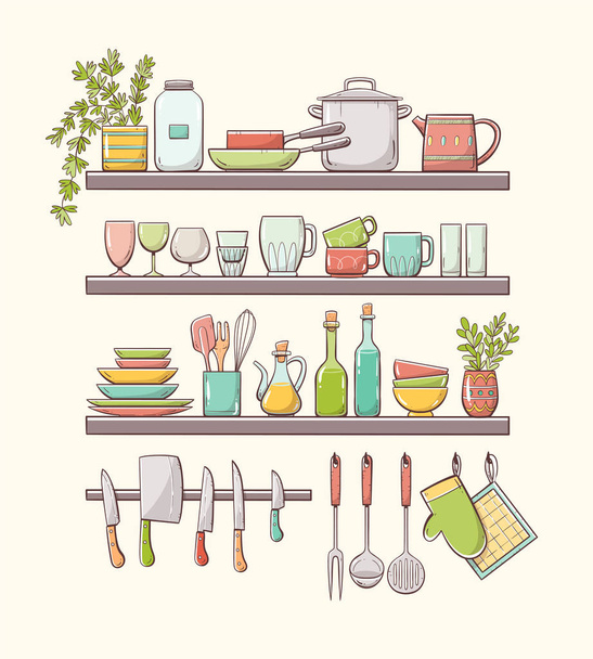 Hand drawn kitchen shelves with color - Vector, Image