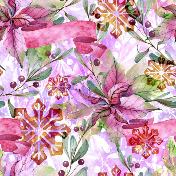 Seamless watercolor christmas pattern of poinsettia flowers and branches with berries. - Zdjęcie, obraz