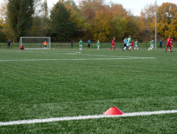 Selective focus to arker cones used for soccer training - Photo, Image