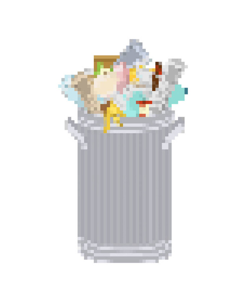 Trash can pixel art. 8 bit Wheelie bin with Garbage on white bac - Vector, Image