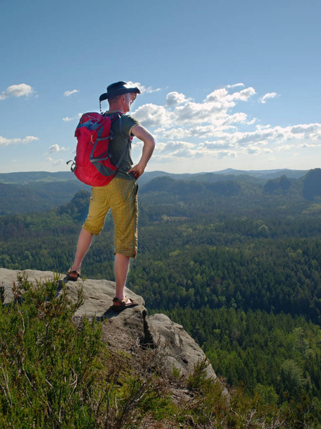 Wandelaar in shorts dragen cowboy hoed en rode terug Pack, verblijf op Rock - Foto, afbeelding