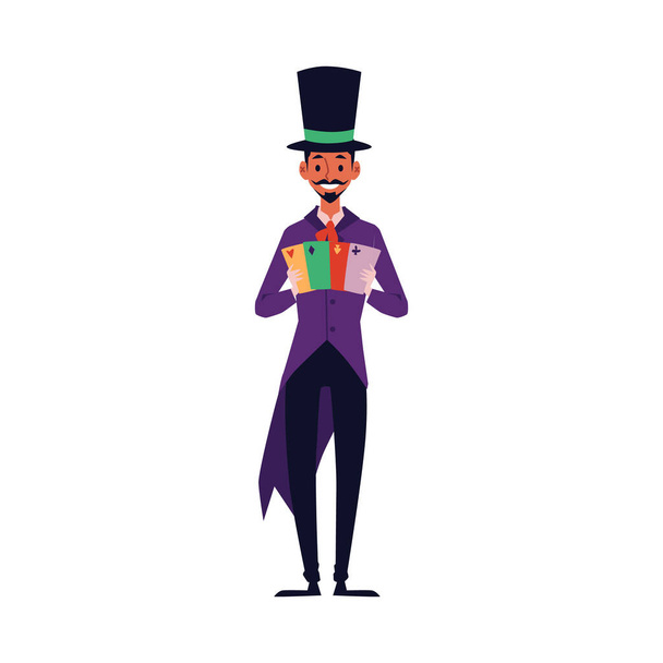 Magician performing card trick - cartoon man showing deck of cards and smiling. - Vector, Image