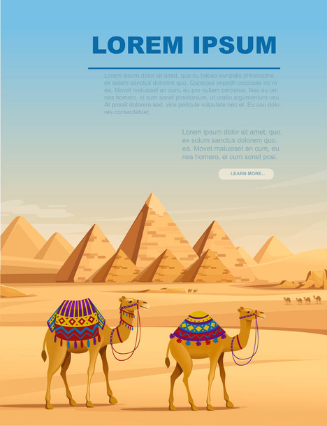 Giza Egipto Pirámides paisaje desértico con camellos plana vector ilustración vertical diseño banner. - Vector, imagen