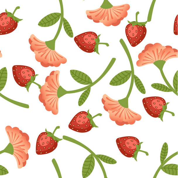 Płynny wzór truskawek i czerwony kwiat płaski wektor ilustracji na białym tle - Wektor, obraz