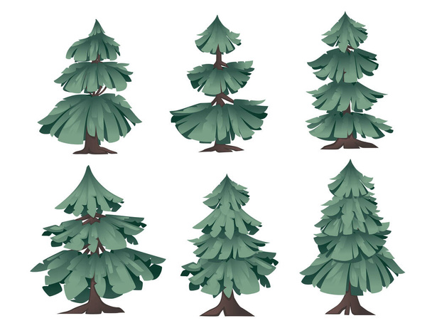 Beyaz arkaplanda izole edilmiş soyut modern stilize edilmiş kozalaklı yeşil ağaçlar dizisi düz vektör çizimi - Vektör, Görsel
