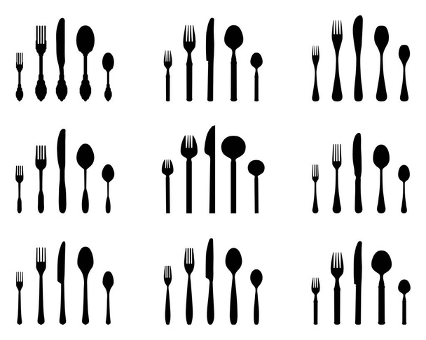 Sarja mustia siluetteja ruokailuvälineet valkoisella taustalla
 - Vektori, kuva