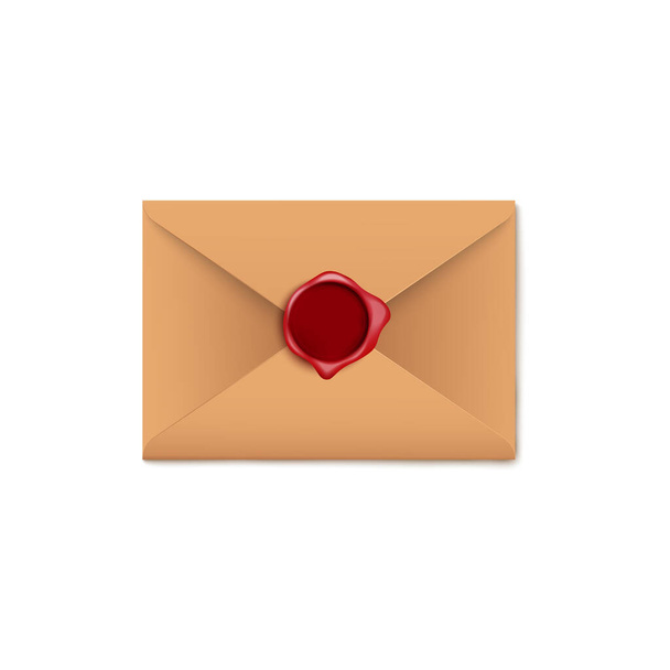 Brown paper letter envelope with dark red wax seal isolated on white background - Vector, Imagen