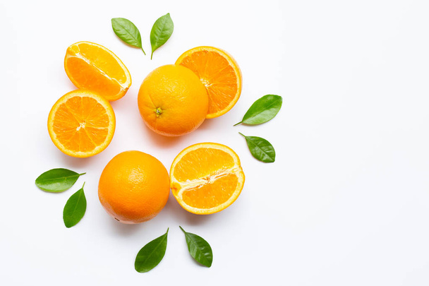 Fresh orange citrus fruit with leaves isolated on white backgrou - Photo, Image