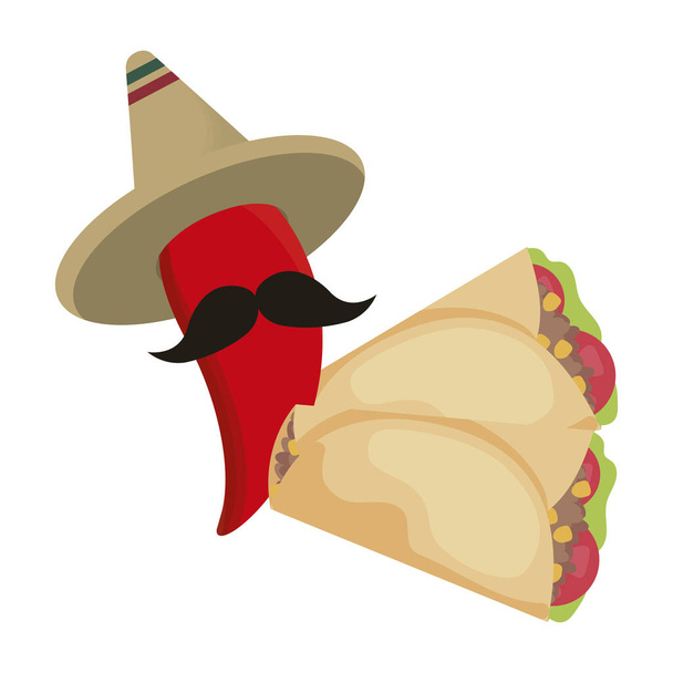 Chilischote mit mexikanischem Hut und Symbolen - Vektor, Bild