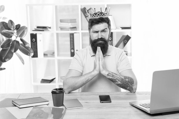 Head of department. Man bearded manager businessman entrepreneur wear golden crown. Top manager head office. Confident boss enjoying glory. Head and boss concept. I am the best. King of office - 写真・画像