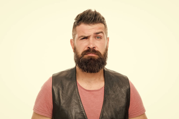 Feeling weird. Hipster mature guy with beard brutal guy. Masculinity concept. Barber shop and beard grooming. Styling beard and moustache. Fashion trend beard grooming. Emotional face expression - Foto, Imagem
